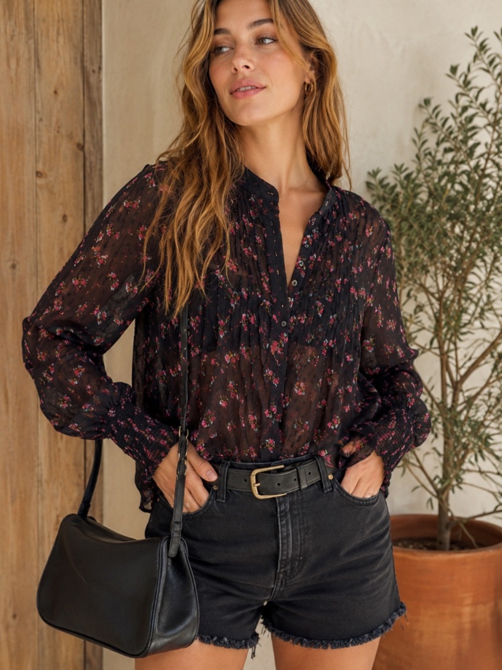 Free People Flowers in December Black Swiss Dot Button Down Blouse